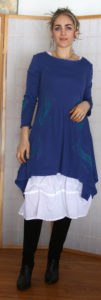 Chaya Tunic Blue w/ Teal Print w/ White Dress w/ Low Black Boots 4