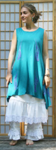 Silvi Tunic Teal w Indigo Reverse Appliqué w Long White Dress w Pantoloons